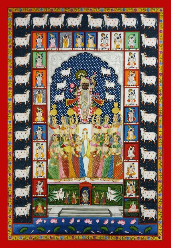 Religious pichwai traditional art titled 'Shrinathji 24 Shringar', 72x48 inches, by artist Unknown on Cloth