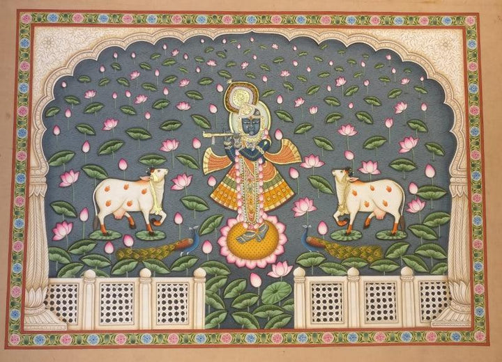 Religious pichwai traditional art titled 'Shrinathji 6', 36x48 inches, by artist Pichwai Art on Cloth