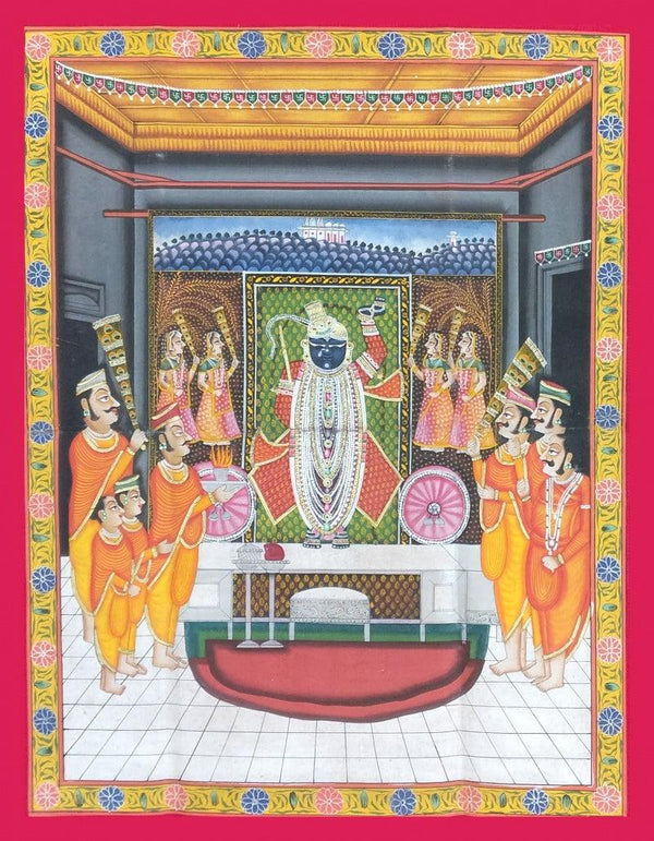 Religious pichwai traditional art titled 'Shrinathji Darshan', 24x18 inches, by artist Unknown on Cloth