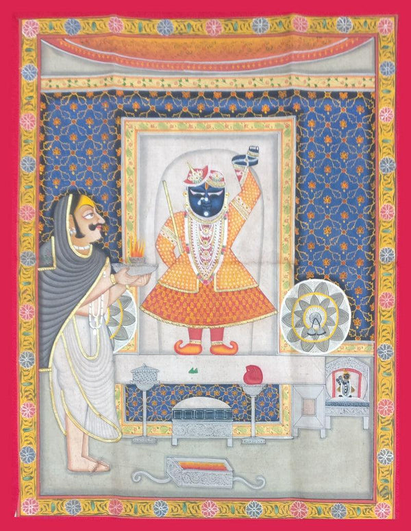 Religious pichwai traditional art titled 'Shrinathji Darshan In Midnight Blue Shri', 24x18 inches, by artist Unknown on Cloth