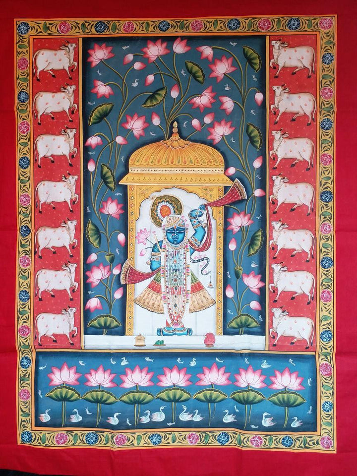 Religious pichwai traditional art titled 'Shrinathji In Haveli With Lotus In Backg', 48x36 inches, by artist Unknown on Cloth