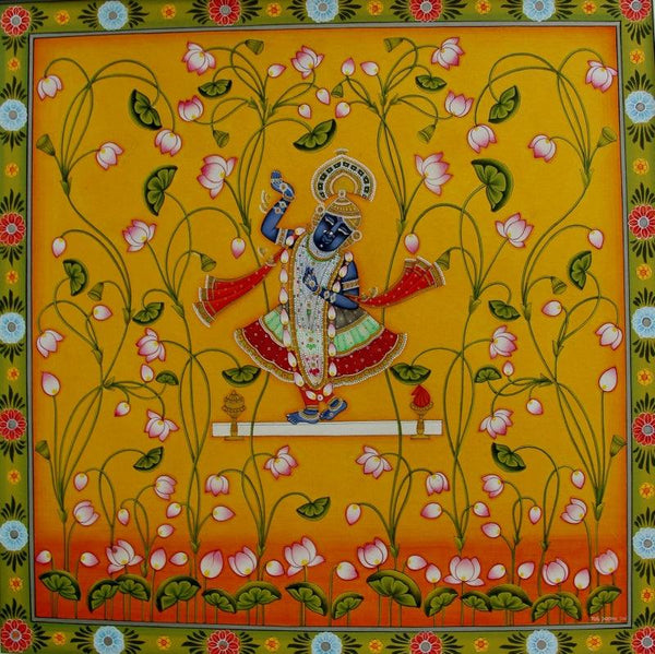 Religious pichwai traditional art titled 'Shrinathji Kamal Pichwai Painting', 24x24 inches, by artist Yugdeepak Soni on Cloth