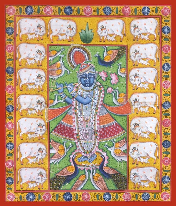 Religious pichwai traditional art titled 'Shrinathji Morkutir', 24x18 inches, by artist Unknown on Cloth