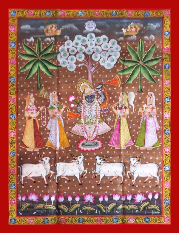 Religious pichwai traditional art titled 'Shrinathji Vanvihar', 48x36 inches, by artist Unknown on Cloth