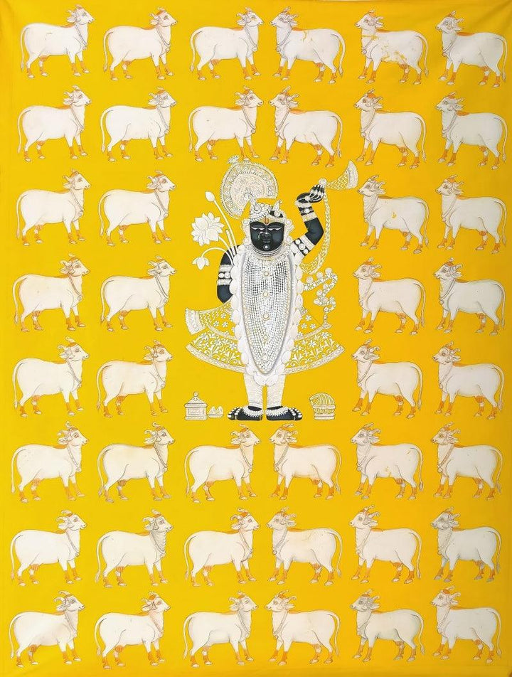 Religious pichwai traditional art titled 'Shrinathji With Cow', 48x36 inches, by artist Pichwai Art on Cloth