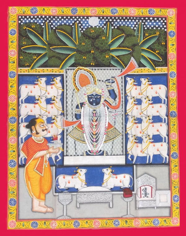 Religious pichwai traditional art titled 'Shrinathji With Devotees And Kamdhenu ', 24x18 inches, by artist Unknown on Cloth