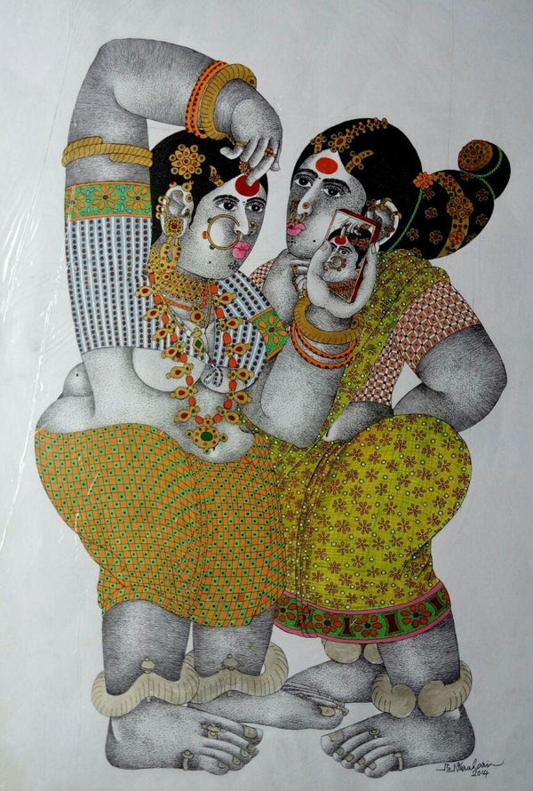 Figurative acrylic painting titled 'Shringar 1', 30x22 inches, by artist Bhawandla Narahari on Paper