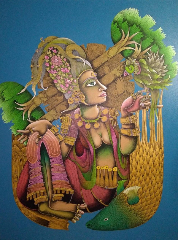 Religious acrylic painting titled 'Shristi', 48x36 inches, by artist Jitendra Dangi on Canvas