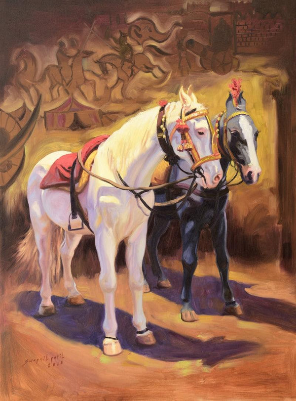 Animals oil painting titled 'Shwet Bandh', 48x36 inches, by artist Swapniil Paatil on Canvas