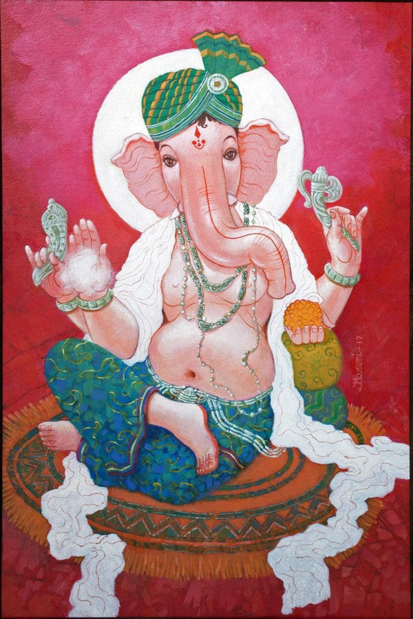 Religious acrylic painting titled 'Siddhi Vinayak', 24x16 inches, by artist Mousumi Pal Majumdar on Canvas