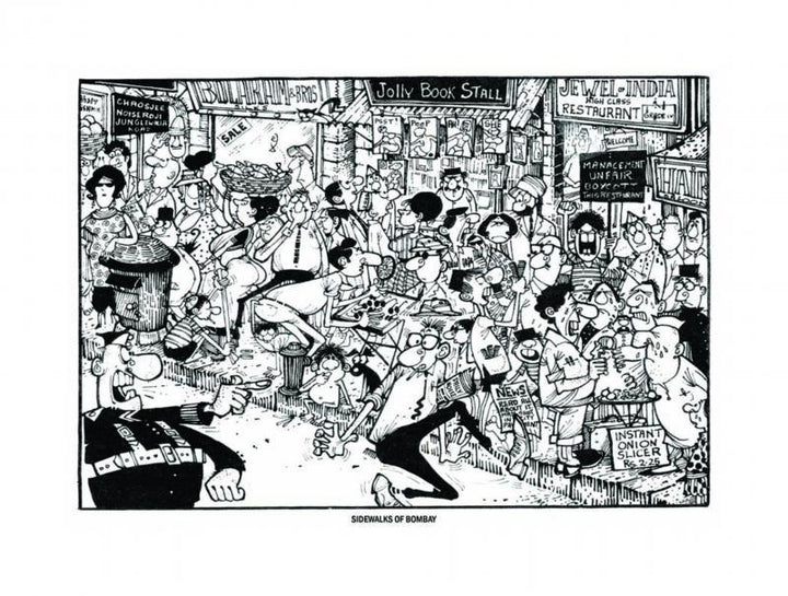 Cityscape pen ink painting titled 'Sidewalks of Bombay', 29x21 inches, by artist Mario Miranda on Paper