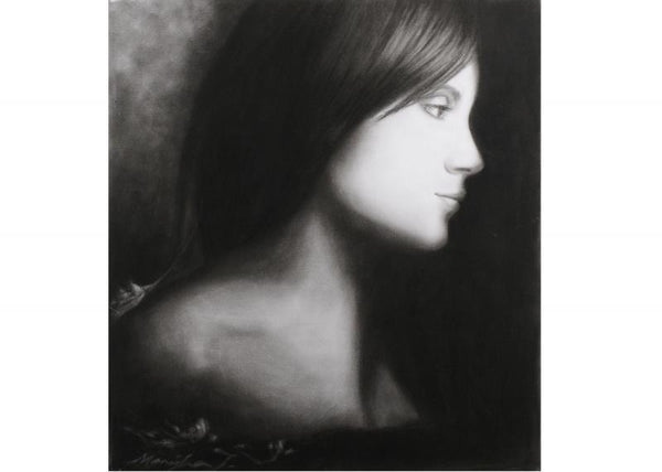 Figurative charcoal drawing titled 'Silent', 27x25 inches, by artist Manisha Jethwani on Paper