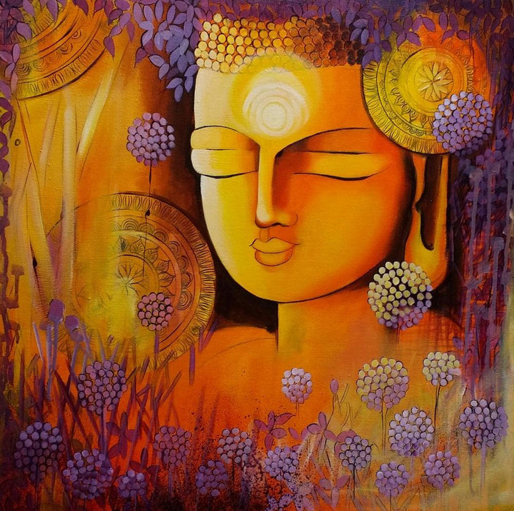 contemporary acrylic painting titled 'Silent Buddha', 24x24 inches, by artist NITU CHHAJER on Canvas