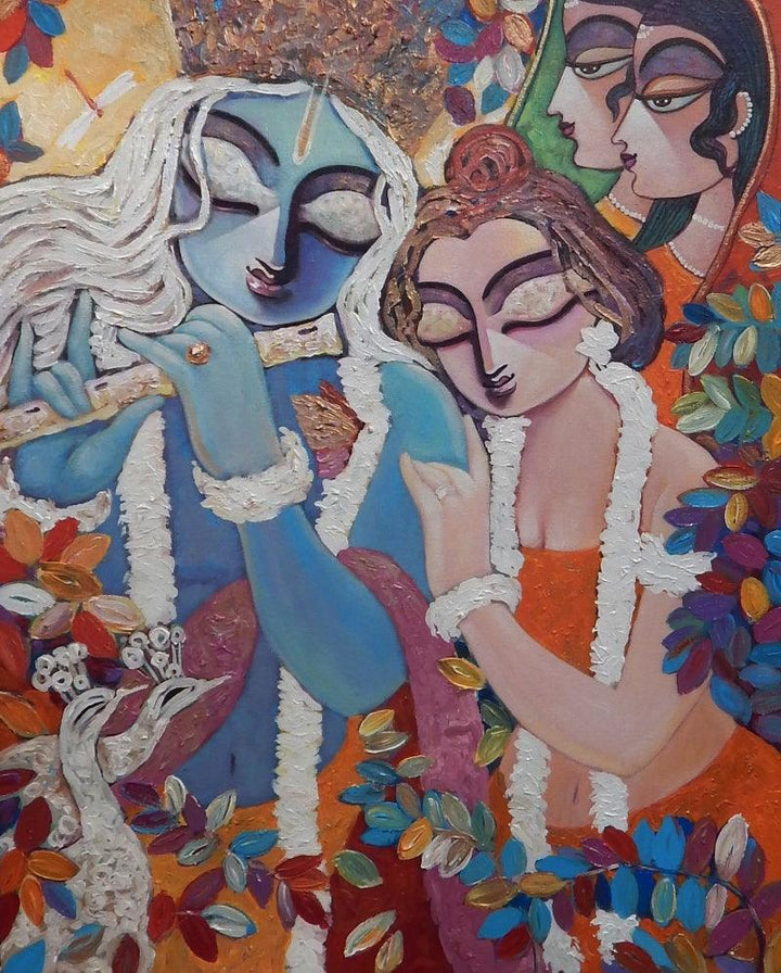 Religious acrylic painting titled 'Silent Love 1', 30x24 inches, by artist Subrata Ghosh on Canvas