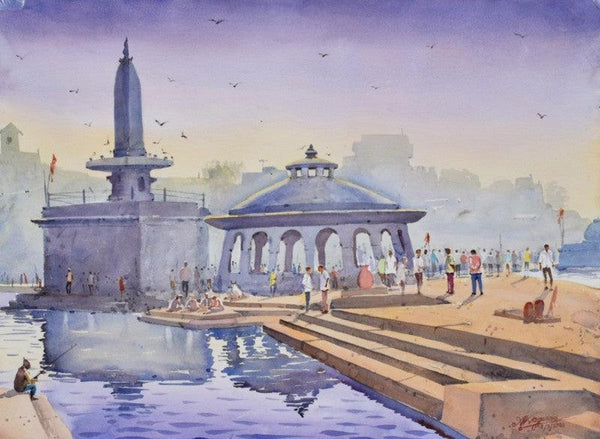 Cityscape watercolor painting titled 'Silent Reflection', 22x30 inches, by artist Ambadas Nagpure on Paper