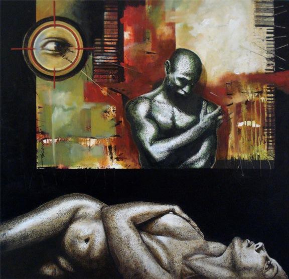 Fantasy acrylic painting titled 'Silent Spectator', 54x48 inches, by artist Palash Halder on Canvas