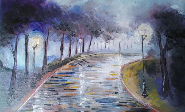 Impressionist oil painting titled 'Silent Street', 20x13 inches, by artist Kiran Bableshwar on Canvas