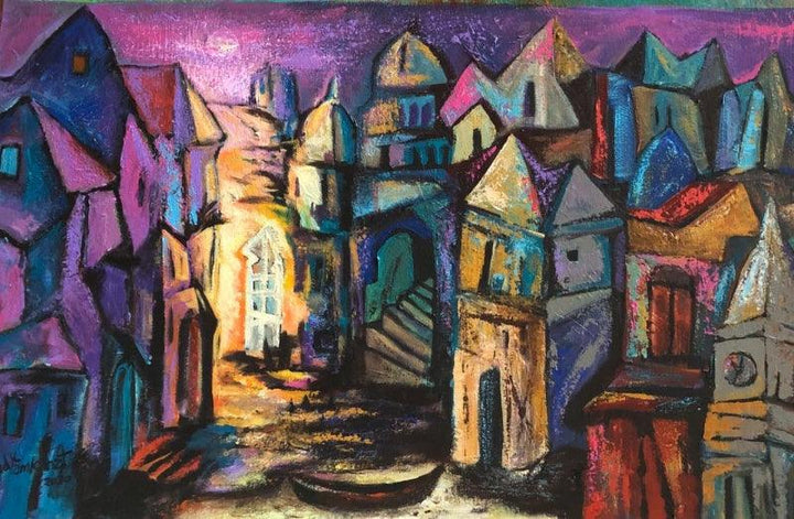 Cityscape acrylic painting titled 'Silent Town 1', 21x36 inches, by artist Fawad Tamkanat on Canvas