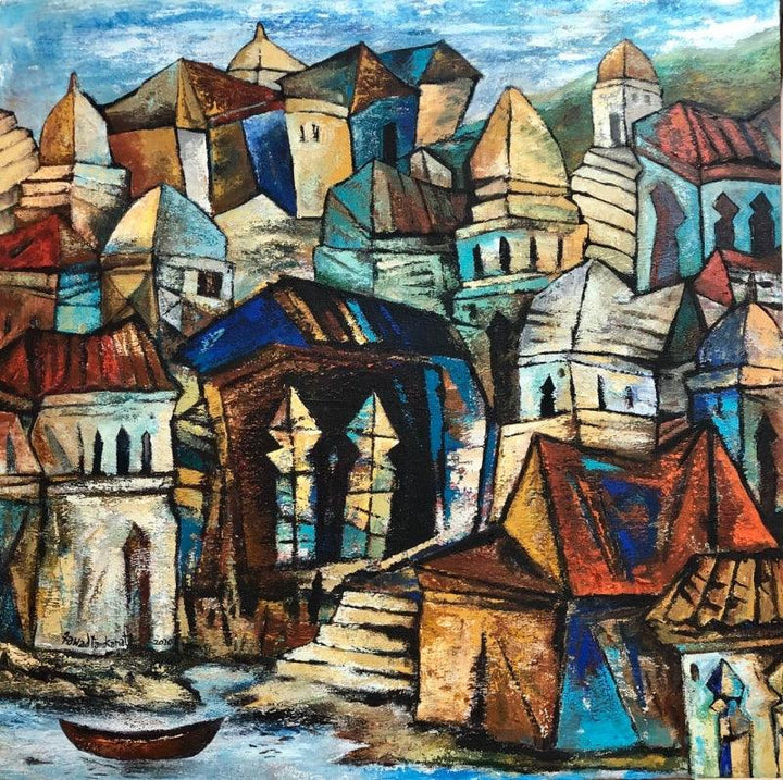 Cityscape acrylic painting titled 'Silent Town 2', 36x36 inches, by artist Fawad Tamkanat on Canvas