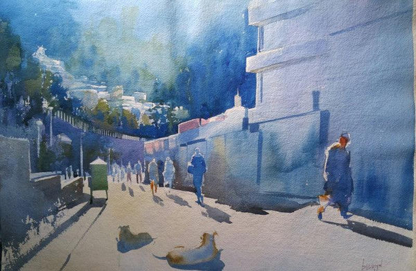 Cityscape watercolor painting titled 'Simla Morning', 21x28 inches, by artist Bijay Biswaal on Handmade Paper