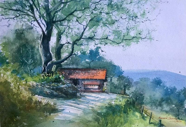 Landscape watercolor painting titled 'Single Home', 14x20 inches, by artist KS Farvez on Paper