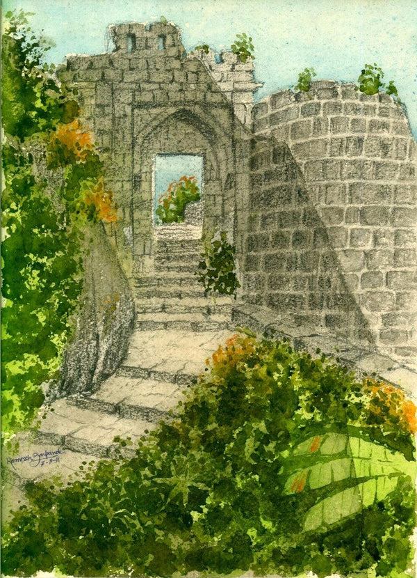 Cityscape watercolor painting titled 'Sinhagad Entrance Pune', 10x14 inches, by artist Ramessh Barpande on Paper