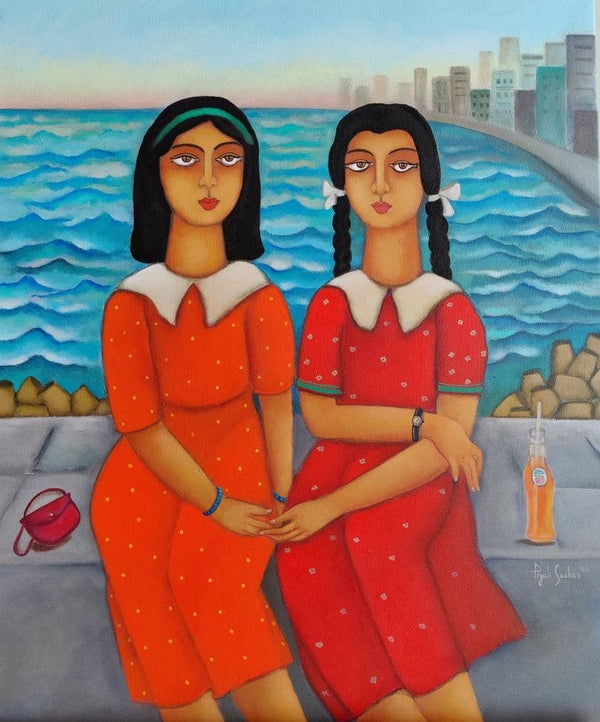 Figurative acrylic painting titled 'Sisters In Marine Drive', 24x20 inches, by artist Piyali Sarkar on Canvas