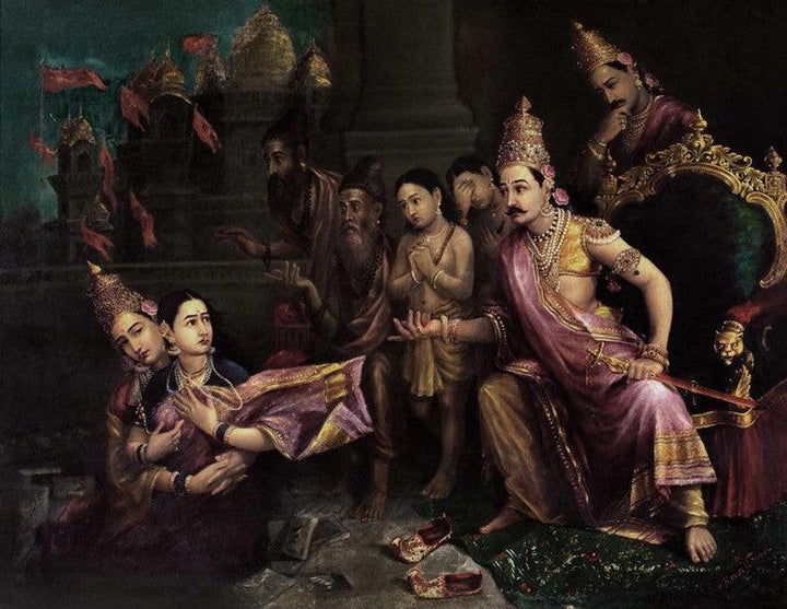 Figurative oil painting titled 'Sita Bhoomipravesh', 28x36 inches, by artist Raja Ravi Varma Reproduction on Canvas