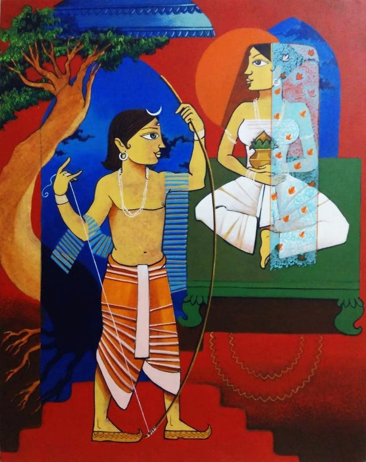 Religious acrylic painting titled 'Sita Swayamwar', 30x24 inches, by artist Prakash Pore on Canvas