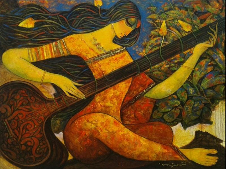 Figurative acrylic painting titled 'Sitar Vadan 4', 36x48 inches, by artist Ramesh Gujar on Canvas