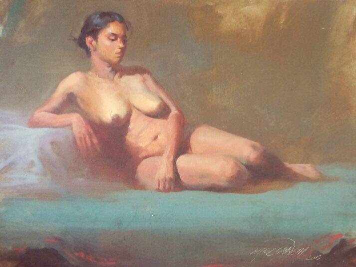 Nude oil painting titled 'Sitted Nude', 18x24 inches, by artist Ganesh Hire on Canvas