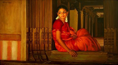 Figurative oil painting titled 'Sitting at the Door Step', 13x24 inches, by artist S  Elayaraja on Canvas