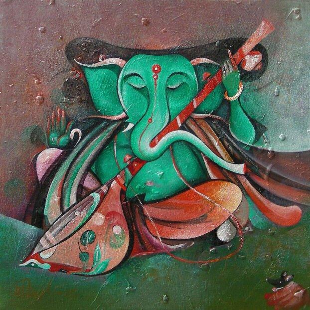 Religious acrylic painting titled 'Sitting Ganesha Playing Sitar', 15x15 inches, by artist M Singh on Canvas