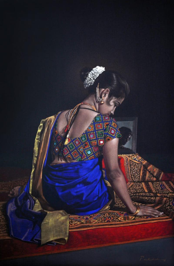 Figurative color pencil drawing titled 'Sitting Lady', 47x31 inches, by artist Deepak Patil on Black Paper