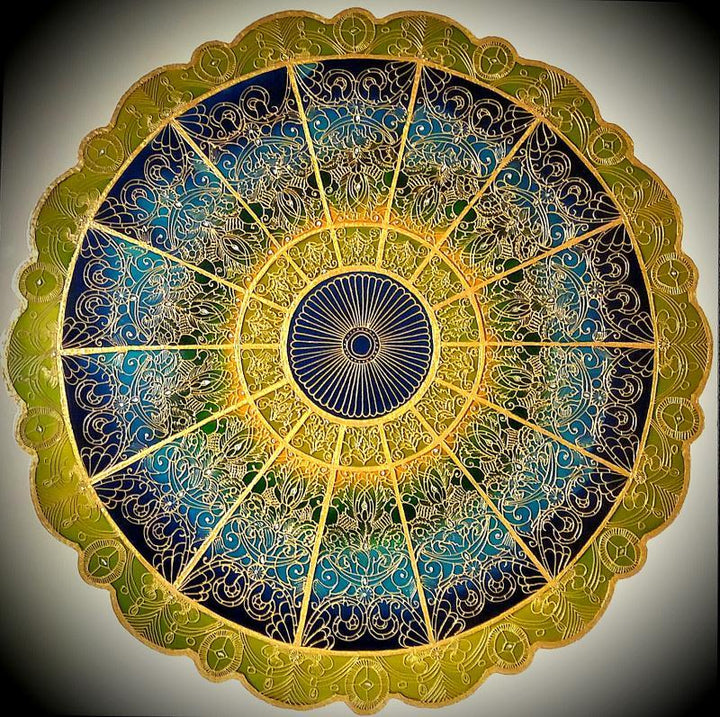 Abstract glass art titled 'Sky light mandala', 36x36x4 inches, by artist Shweta Vyas on glass