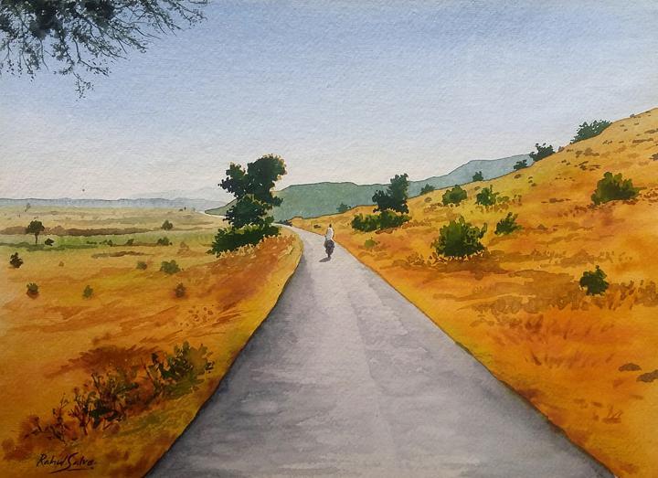 Landscape watercolor painting titled 'Skywards', 15x11 inches, by artist Rahul Salve on Paper