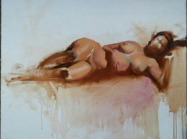 Nude oil painting titled 'Sleeping Nude', 18x24 inches, by artist Ganesh Hire on Canvas