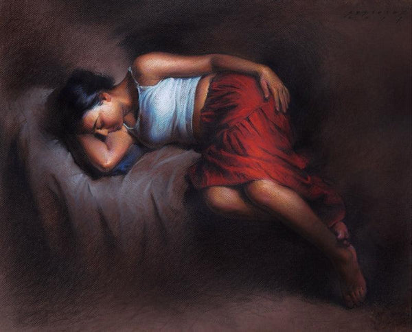 Figurative pastel drawing titled 'Sleeping Woman 2', 20x24 inches, by artist Siddharth Gavade on Paper