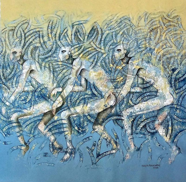 Figurative acrylic painting titled 'Sleepwalkers', 30x40 inches, by artist Ranjith Raghupathy on Canvas