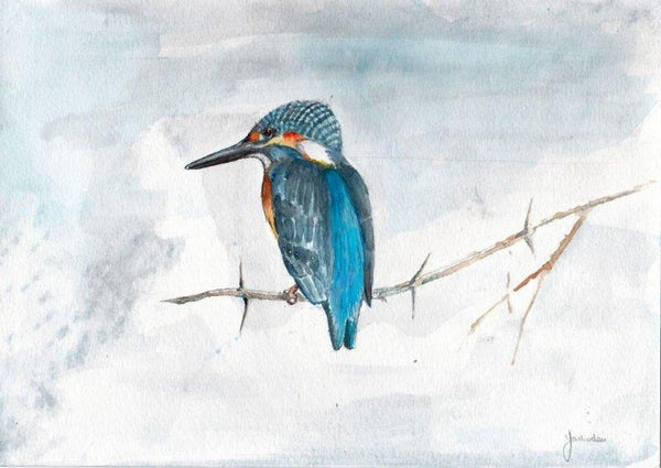 Animals watercolor painting titled 'Small Blue Kingfisher', 12x8 inches, by artist Yashodan Heblekar on Paper