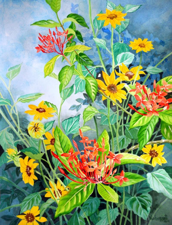 Photorealistic watercolor painting titled 'Small Sunflowers And Ixora coccinea', 24x18 inches, by artist Vishwajyoti Mohrhoff on Campap Paper