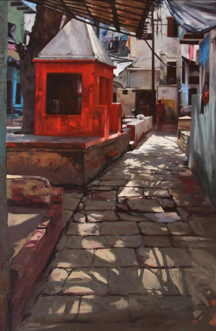 Landscape oil painting titled 'Small Temple Banaras', 36x24 inches, by artist Sachin Sawant on Canvas