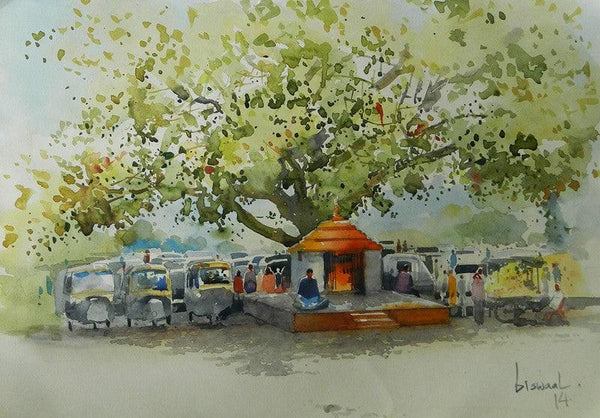 Cityscape watercolor painting titled 'Small Temple Under The Tree', 11x16 inches, by artist Bijay Biswaal on Paper