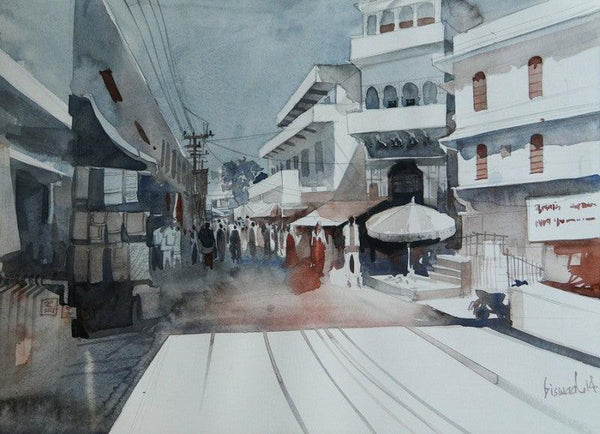 Cityscape watercolor painting titled 'Small Town', 11x16 inches, by artist Bijay Biswaal on Paper