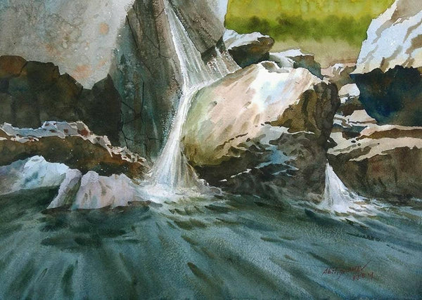 Cityscape watercolor painting titled 'Small Waterfall', 15x22 inches, by artist Abhijit Jadhav on Paper