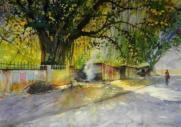 Cityscape watercolor painting titled 'Smoke By The Road Side', 21x28 inches, by artist Bijay Biswaal on Canson Paper