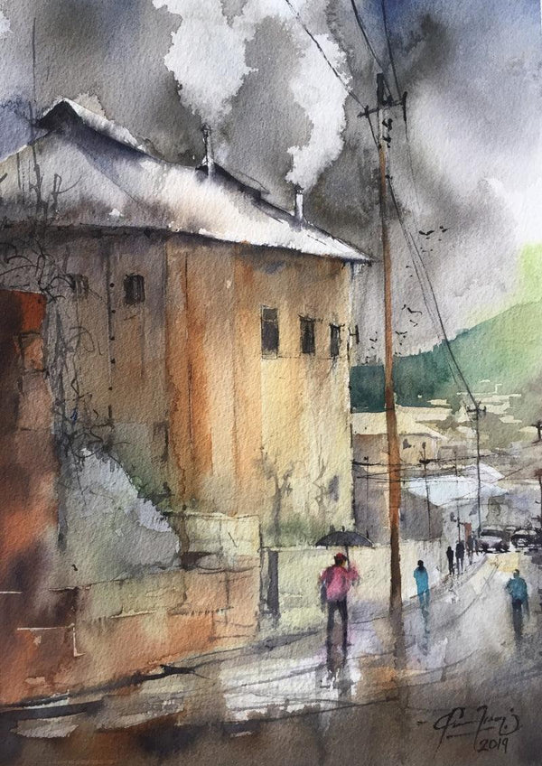 Cityscape watercolor painting titled 'Smoke From Cottage', 13x9 inches, by artist Mohd Qaseem Farooqui on French Paper