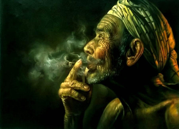 Portrait oil painting titled 'Smoker', 20x28 inches, by artist Balwinder Singh on Canvas