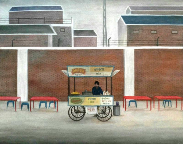 Figurative oil painting titled 'Snack Cart', 27x35 inches, by artist Gulab Kapadiya on Canvas