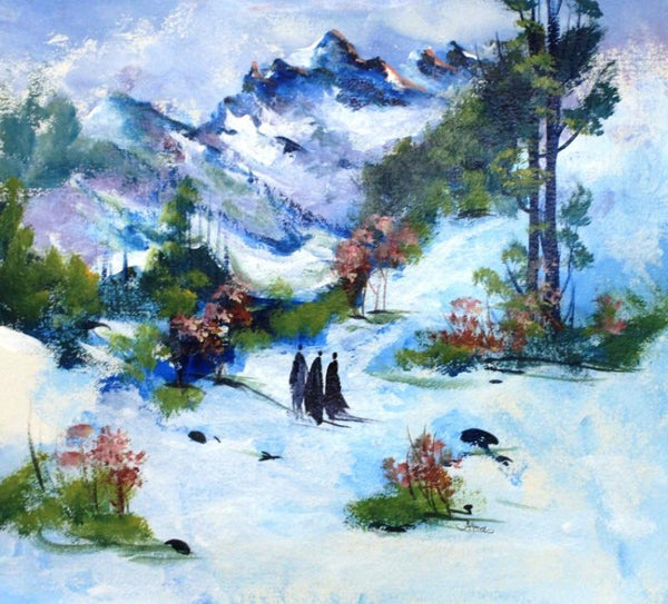 Landscape acrylic painting titled 'Snowy Affair', 22x22 inches, by artist AYAAN GROUP on Paper